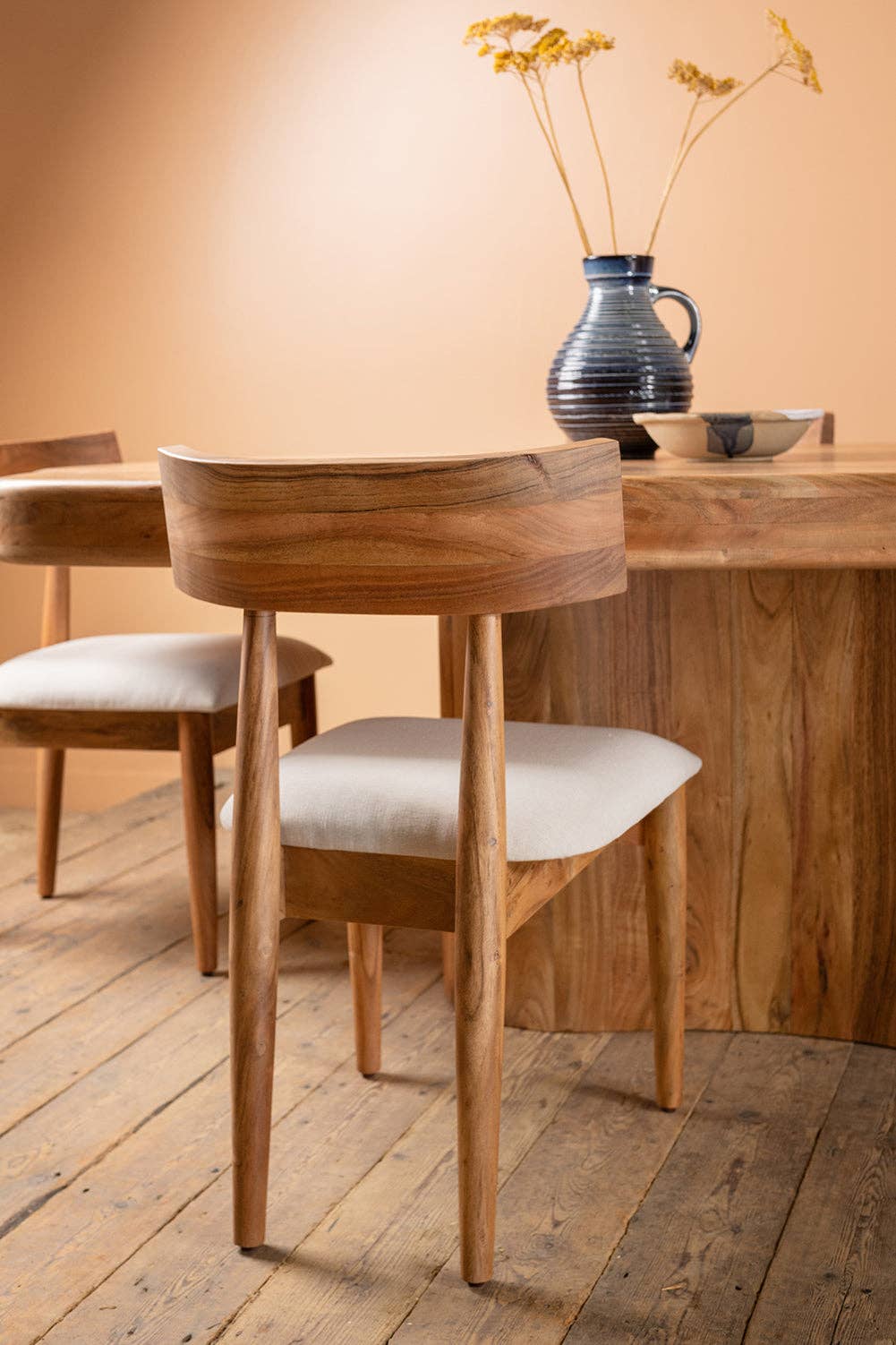 Ian Snow Ltd – wholesale Chair – Cormac Acacia Wood Natural Finish Upholstered Dining Chair1