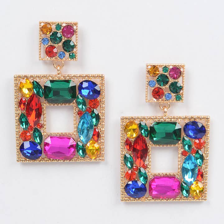 3AM BY H&D ACCESSORIES - Wholesale Dangle Earrings - Double Square Bejeweled Earring
