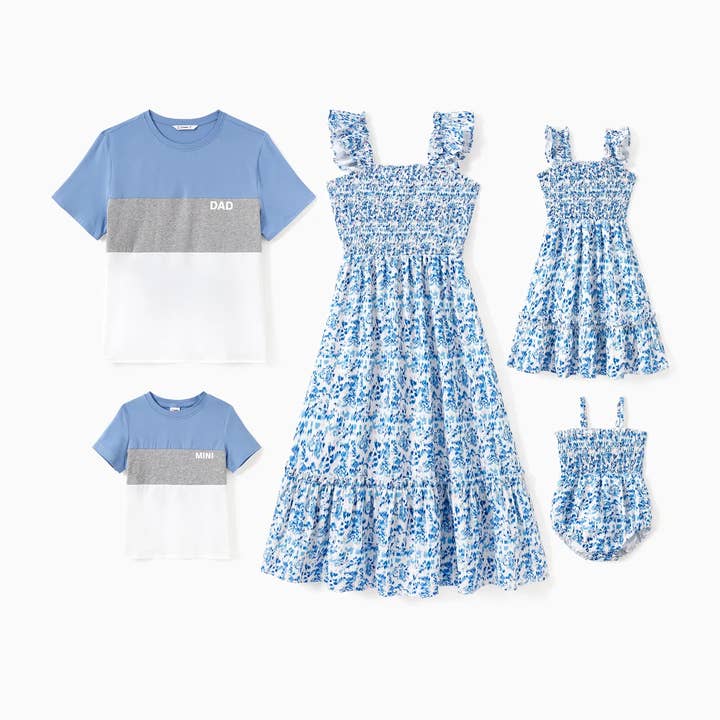 Family Color Block Tee or Floral Shirred Top Dress for wholesale by PatPat