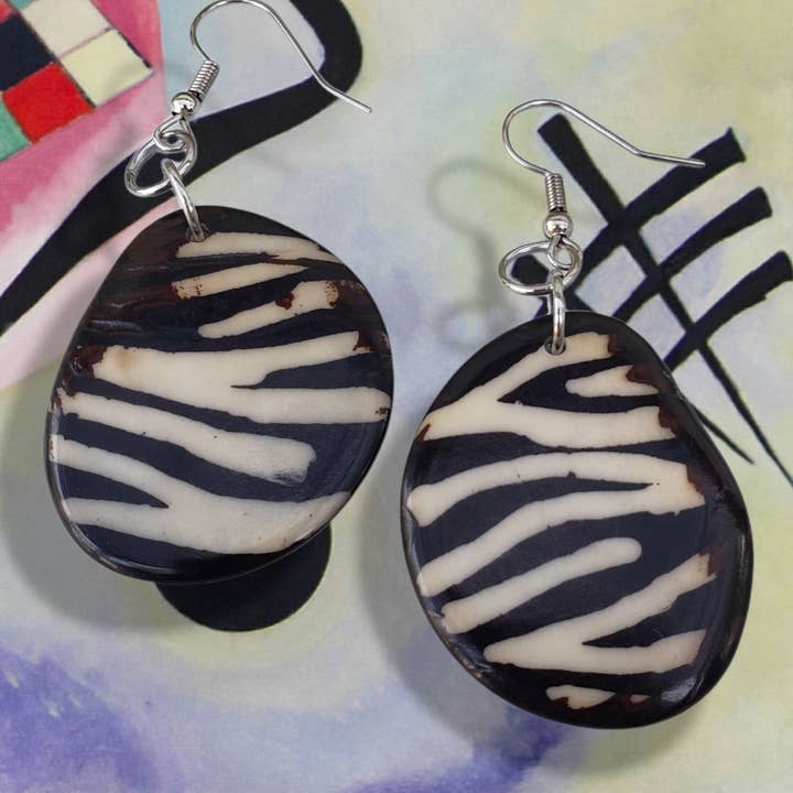 Organic jewelry by Allie - Wholesale Dangle earrings - Animal print tagua nut slices batik earrings handpainted1