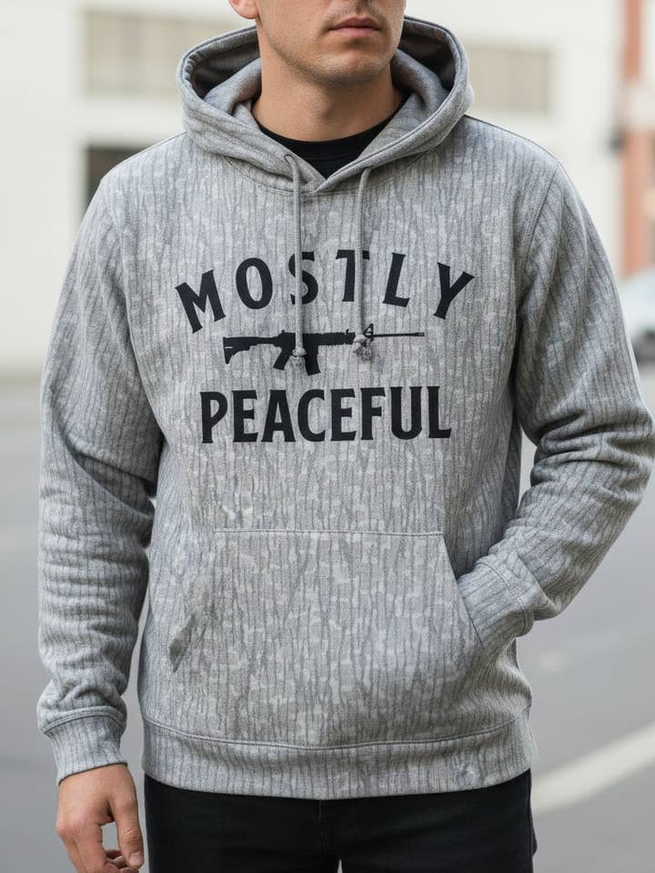 Sweat à capuche léger "Mostly Peaceful" (Noir) pour la vente par Shield Republic