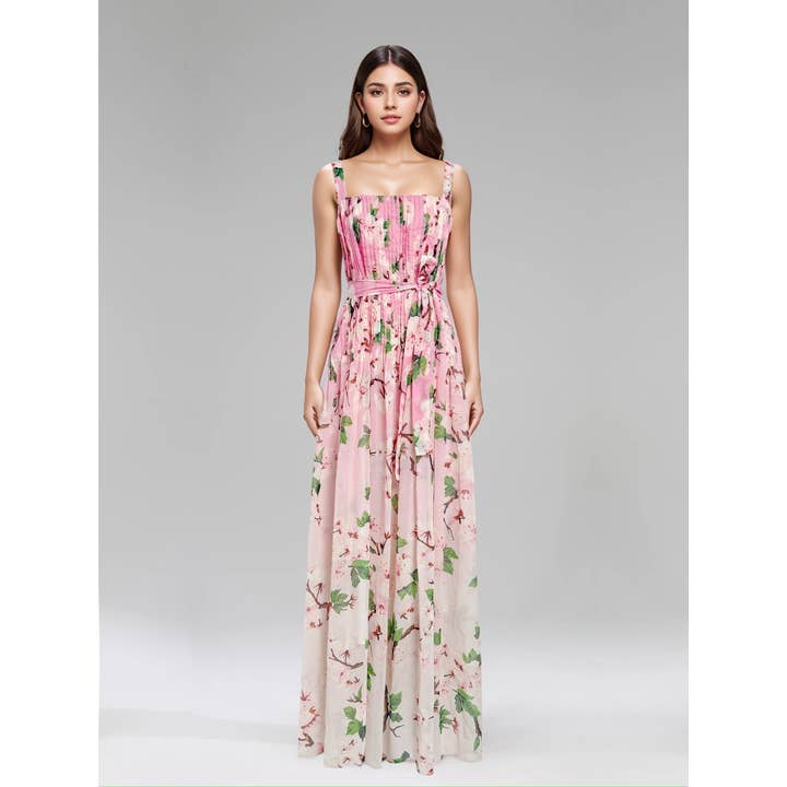 Productseeker - Wholesale Dress – Women's - DR658Y Chiffon Floral Pleated Maxi Dress with Swing Skirt2