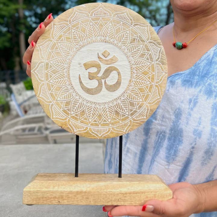 Rustic Natural Wooden Tabletop Decoration Yoga Om for wholesale by Lungta Imports