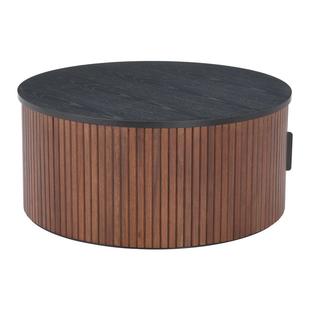 HomeRoots - Wholesale Coffee Table - 32" Black and Walnut Wood Round Drum Coffee Table3