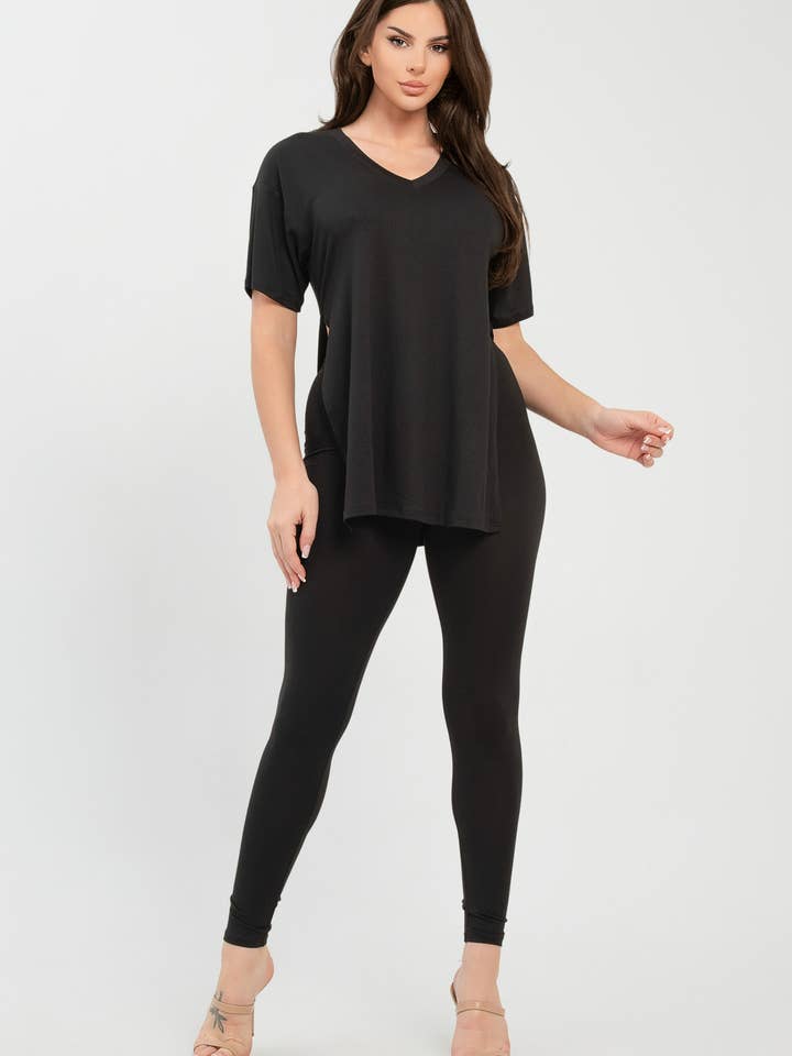 Julia by LoveJ - Wholesale Top & Pant Set (NOT Loungewear) - Women's - V Neck Side Slits Basic Top And Leggings Set5
