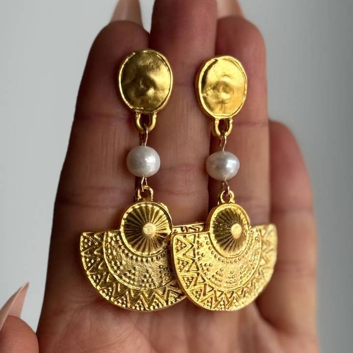 Gold Brushed & Freshwater Pearl Statement Earrings | 24k GF for wholesale by WILYMI Jewelry Co