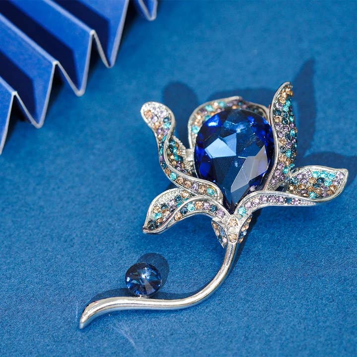 Elegant Flower Brooch with Deep Blue & Crystals - For Formal Attire & Women's Fashion Accessory for wholesale by digsell