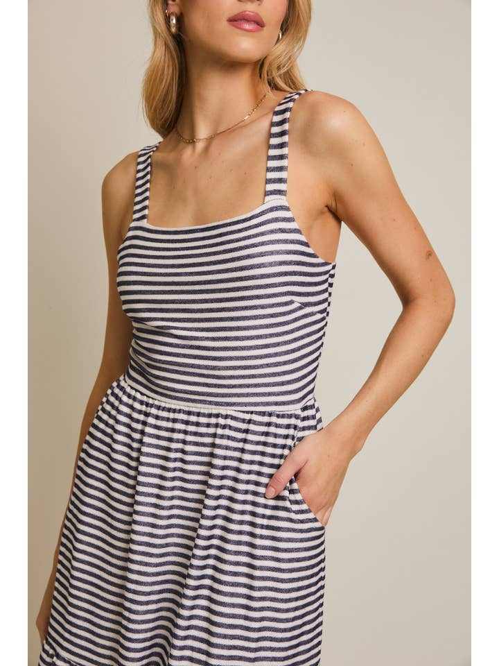 STRAP SIDE POCKET TIREDED STRIPE DRESS for wholesale on Faire