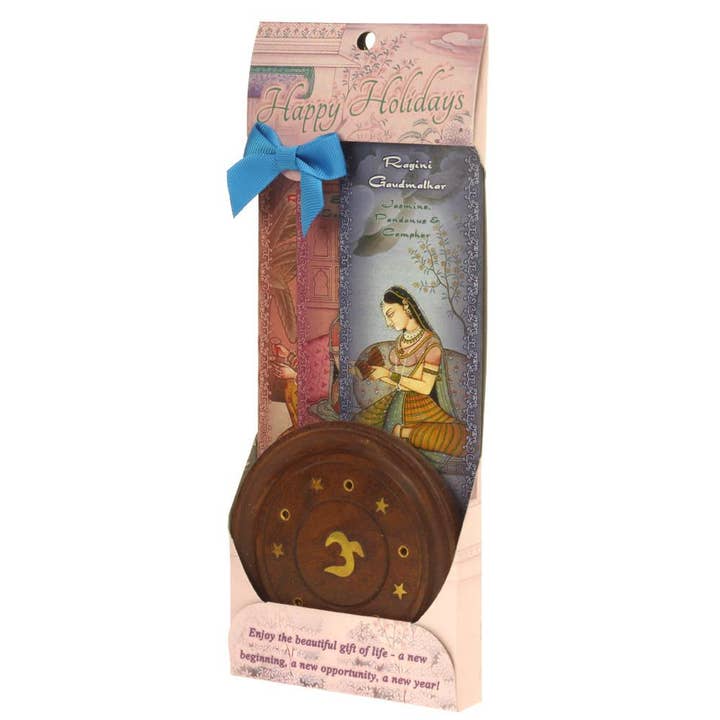 Prabhuji's Gifts – wholesale Incense – Round Burner + 3 Harmony Incense Sticks & Holiday Greeting (Gaudi, Gaudmalhar, Bhairavi)
