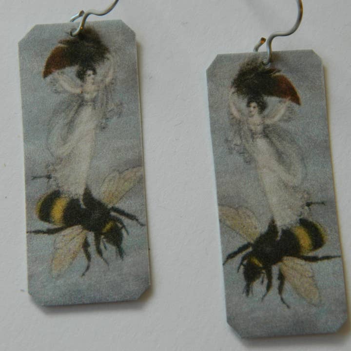 Art Earrings Fairy Rides a Bee Amelia Jane Murray for wholesale by Sarah Wood Studio