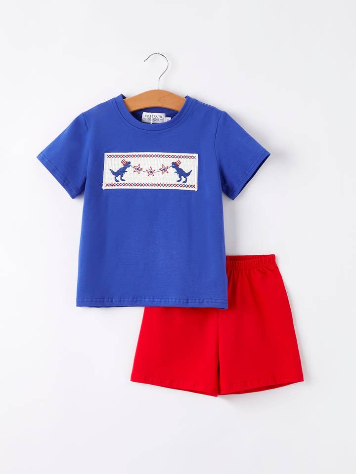 Rylee Faith Designs - Wholesale Top & Short Set - Kids - Dinosaur Smock Embroidery Boys Short Sleeved Shorts0