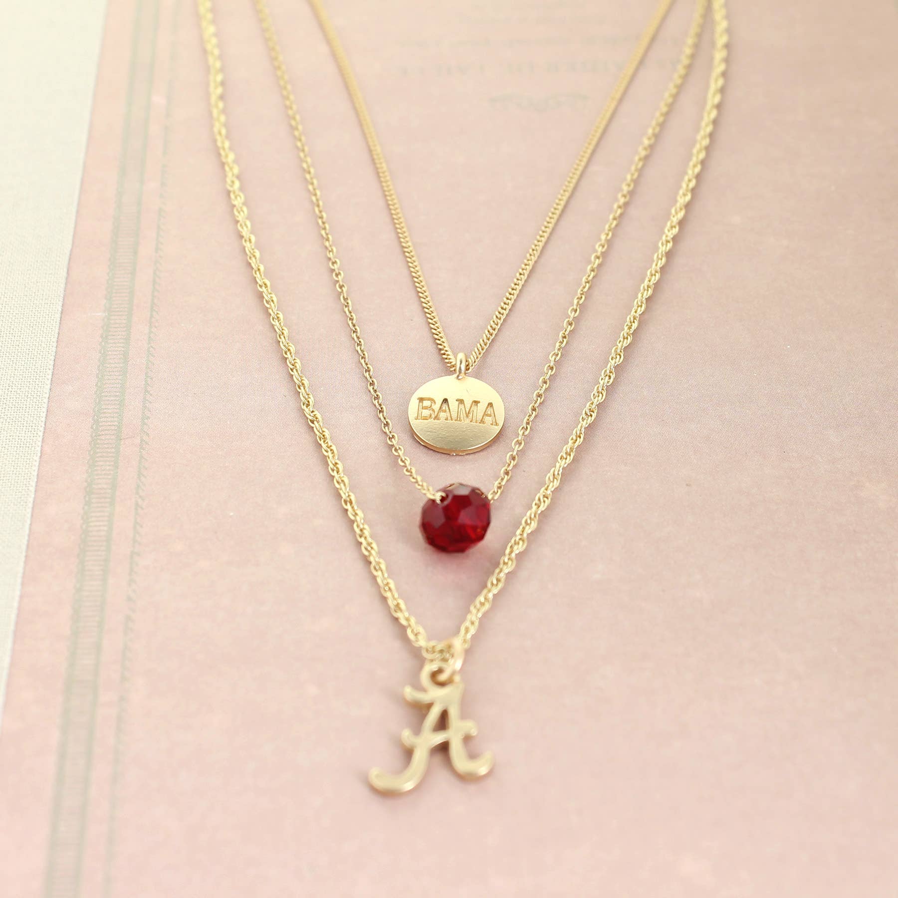 Seasons Jewelry - Wholesale Jewelry Set - 16" - 20" Alabama Matte Gold Logo Trio Necklace Set | 3 Separate Clasps | Wear Together or Separate!1