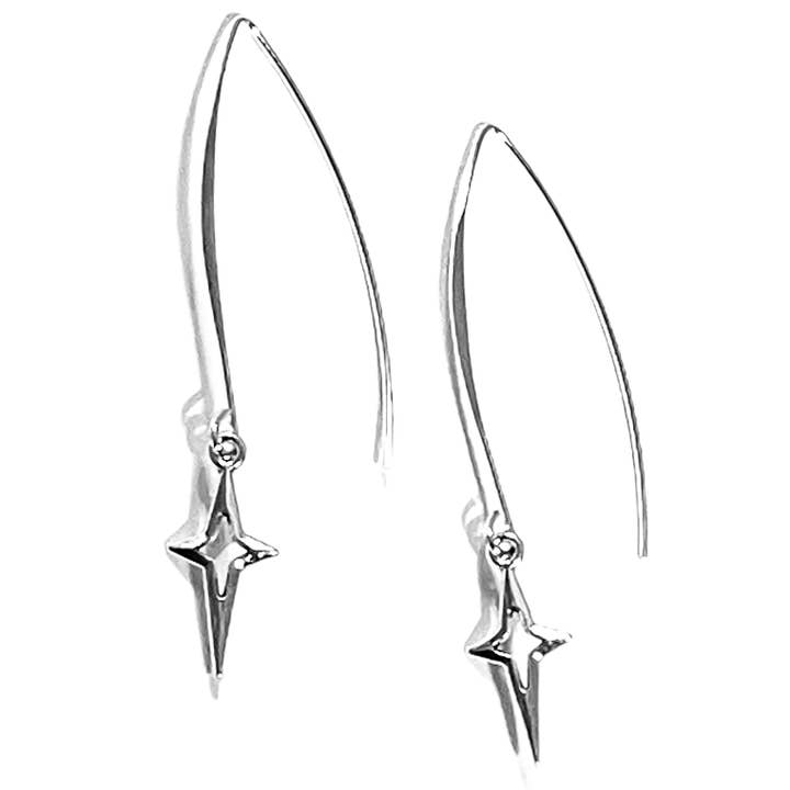 Silver Long Dangle Drop V-Shape Star Accent Earrings for wholesale by Broken Record Boutique
