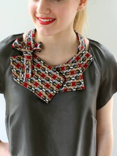 Red Gold And Grey Geometric Print Necktie Necklace for wholesale by Ogsplosh