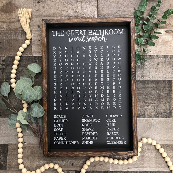 Willie & Dolly Designs - Wholesale Bathroom Sign - The Great Bathroom Word Search Wooden Framed Sign