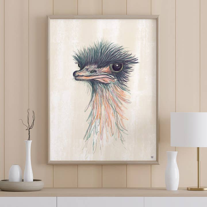 Ozzy The Ostrich Wall Art Print A4 and A3, Emu Art, Bird Art for wholesale by Baldy And The Fidget