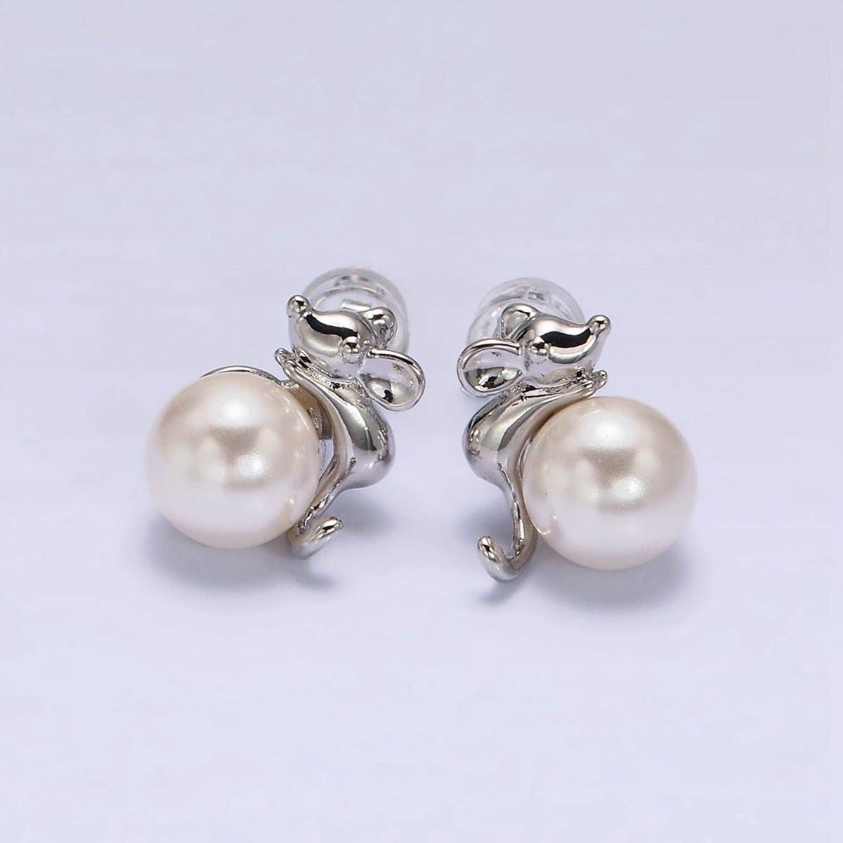 Aim Eternal – wholesale Stud/post earrings – 16K Gold Filled Round White Pearl Mouse Mice Animal Stud Earrings in Gold & Silver | AE556 AE5571