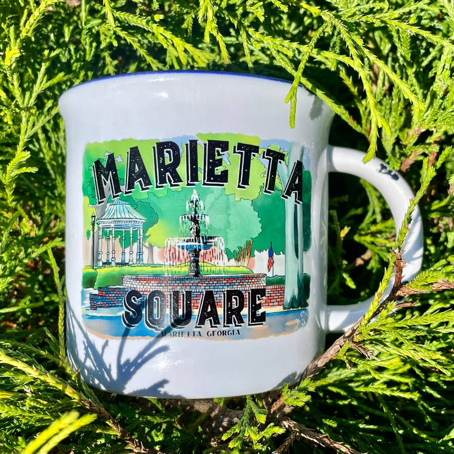 Sweetgum Studio - Wholesale Coffee Mug - Stoneware Distressed Mug with Blue Trim 14 oz.19