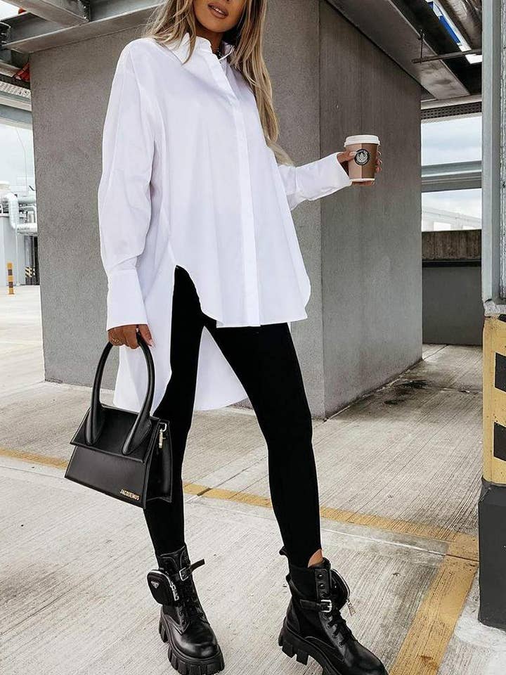 WHITE high low split hem lantern sleeve top for wholesale on Faire