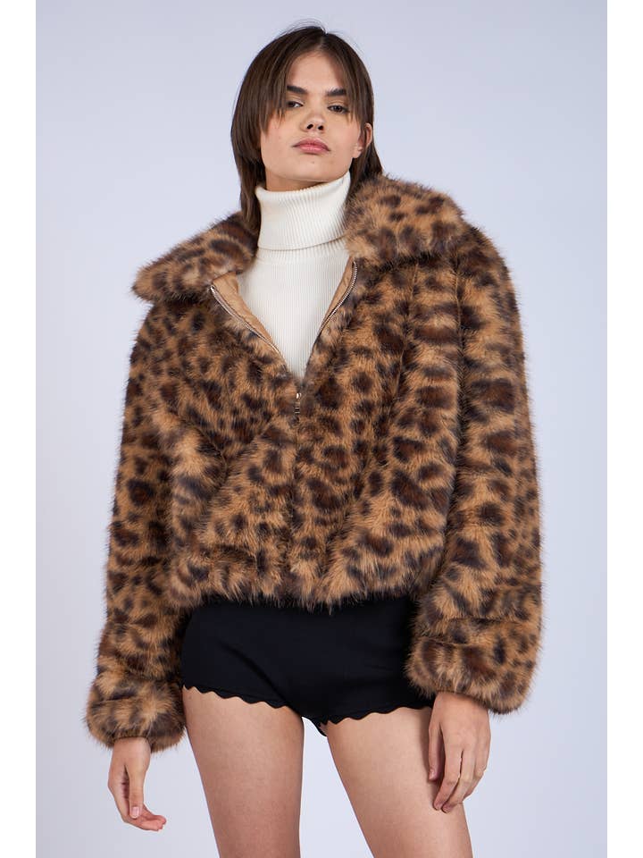 Leopard -LEOPARD PRINT LONG SLEEVE CASUAL FAUX FUR JACKET for wholesale on Faire