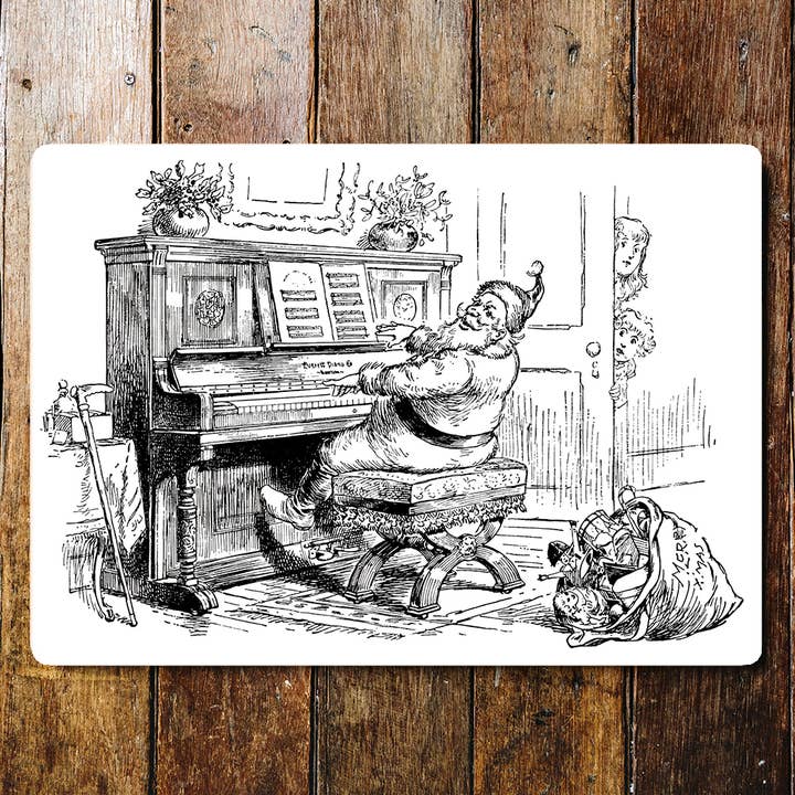 Targa da parete in metallo con Santa Piano Black & White Christmas per la vendita all'ingrosso da parte di The British Metal Signs Company