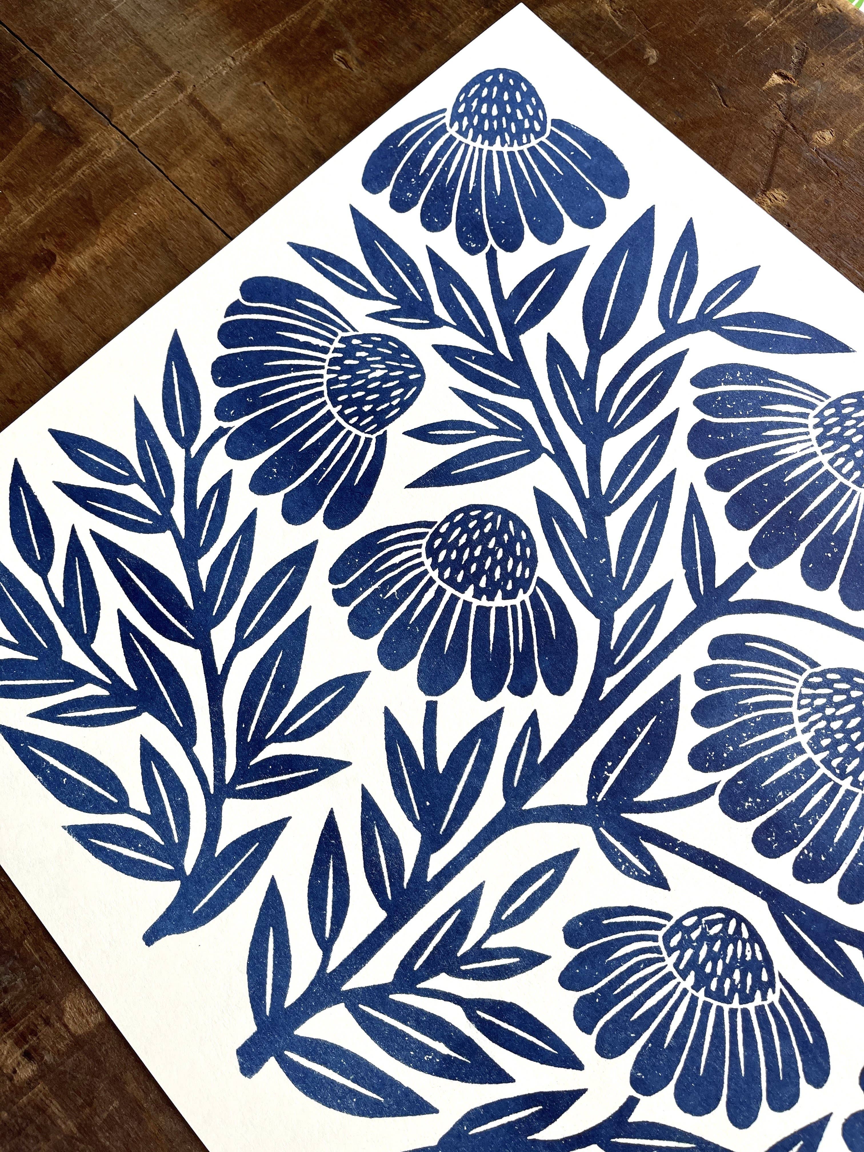 Katharine Watson - Vente Affiche d'art - Série Garden : impression d'art risographique à l'échinacée bleu marine1