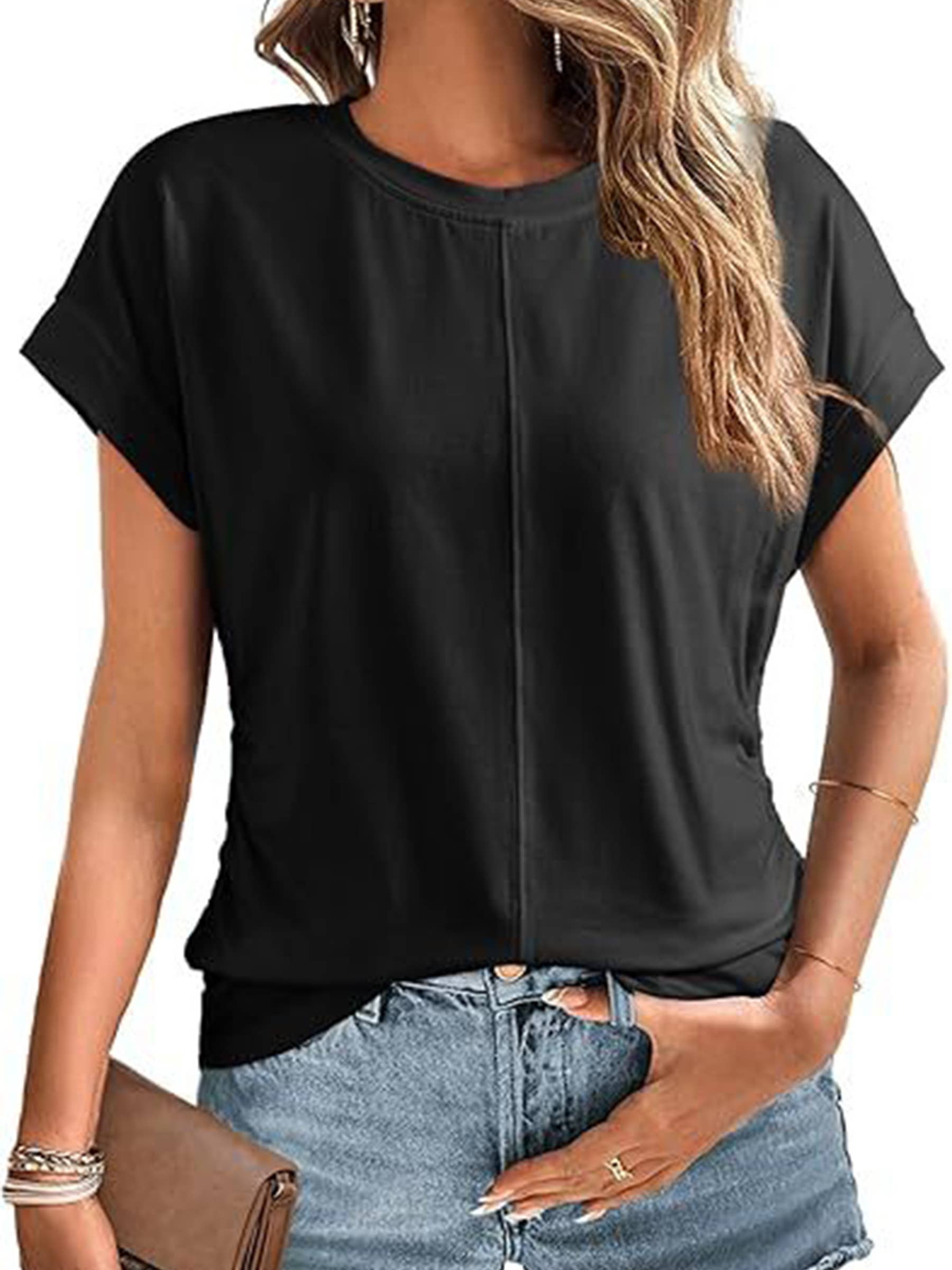 Wholesalesir - Vente T-shirt – femme - Haut plissé uni à manches courtes1