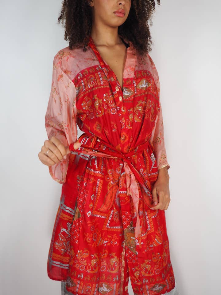 Vagabond Ibiza - Wholesale Kimono - Women's - The Kardash Kimono Mid-Length – Upcycled Vintage Sari Kimono24