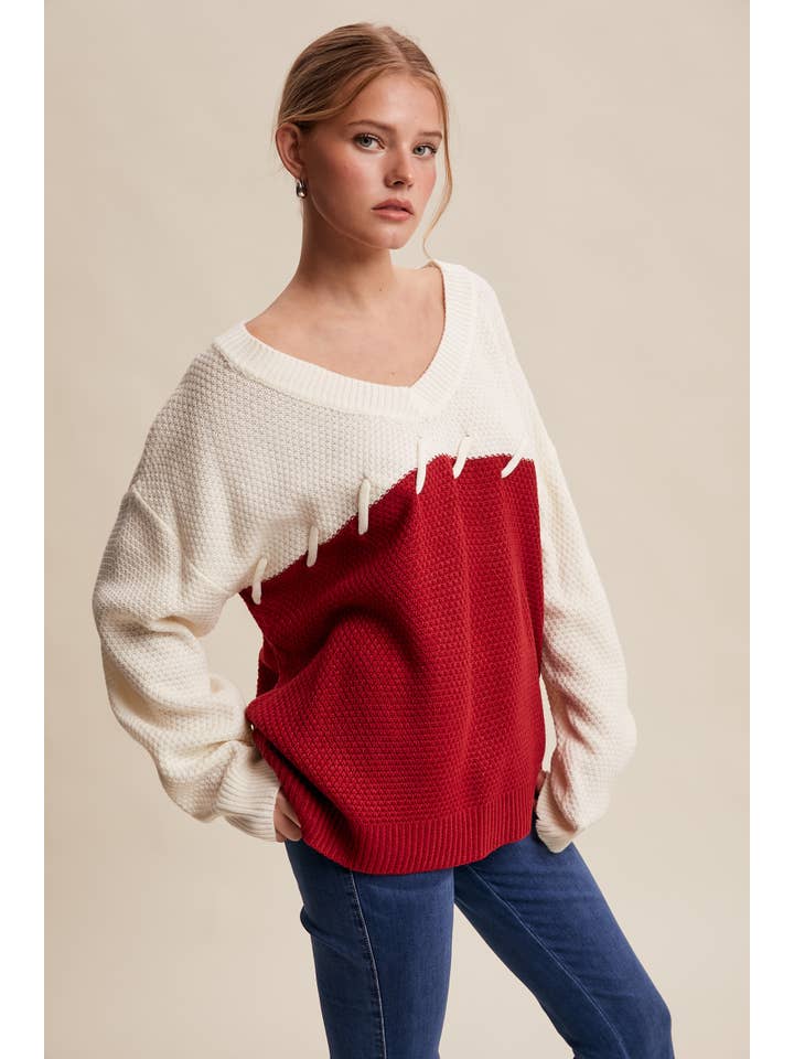 Listicle - Wholesale Knitted jumper – Women′s - Two-Tone Lace-Up Detail Sweater LSW08795