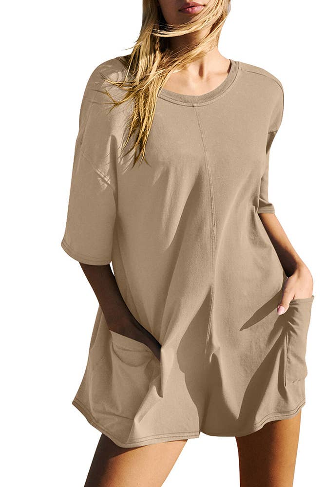 UNISHE - Wholesale Romper - Women's - Backless V Neck Short Sleeves Loose Pockets Romper ASJP0791