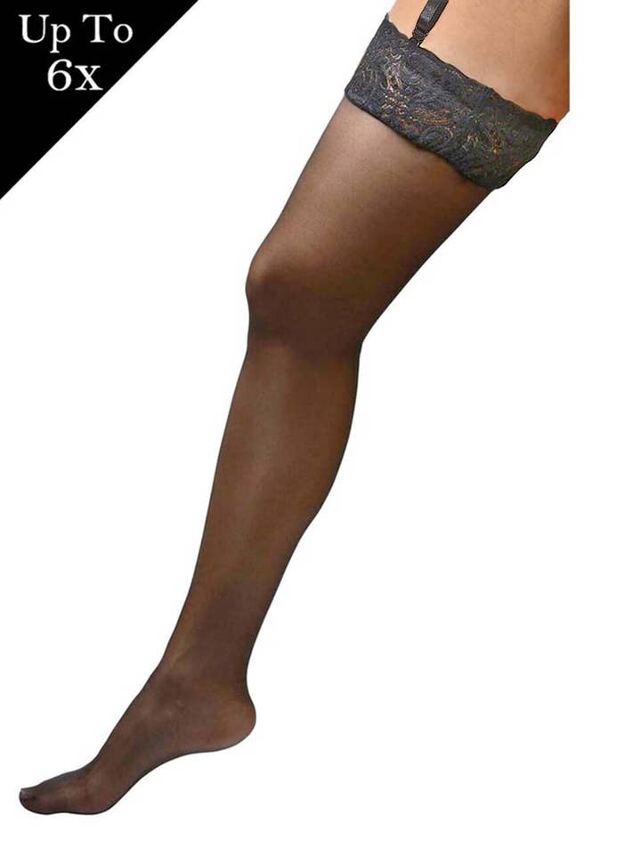 Bonneterie Grande Taille Haut en Dentelle Transparente Bas Cuissardes Noir pour la vente par Angelique