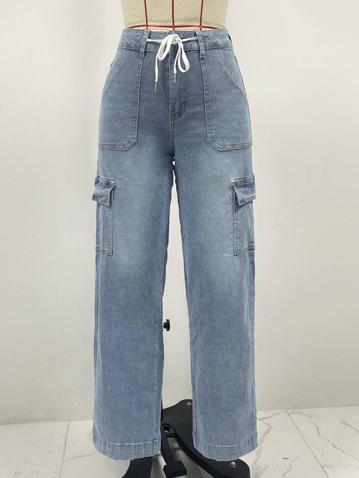Light Blue Lace-Up Multi-Pocket Straight-Leg Denim Jeans for wholesale on Faire