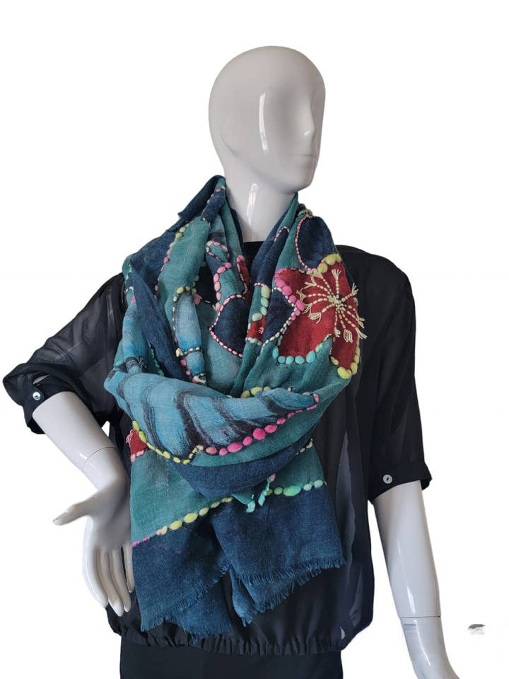 S-41c Wool Woven Scarf/Stole Big Stitched Edged Flowers Teal for wholesale by Evergreen Guardian Imports