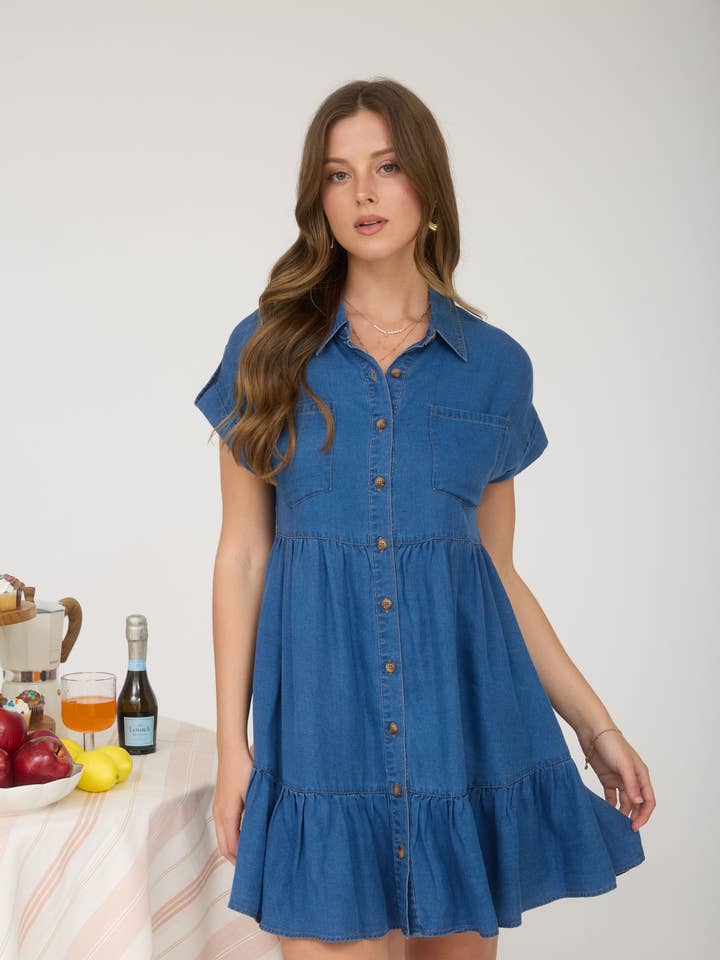 MÖRK CHAMBRAY SKJORTKLÄNNING MED KRAGE OCH KNAPPAR för wholesale av MINE