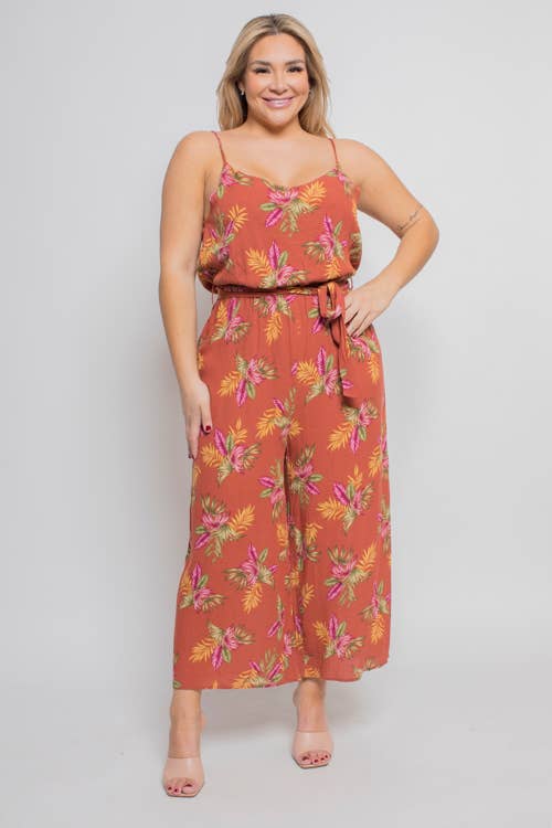 Curve Market - Wholesale Jumpsuit - Women's - PLUS SIZE TROPICAL PRINT TIE WAIST JUMPSUIT
