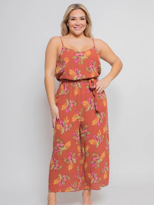 Curve Market - Wholesale Jumpsuit - Women's - PLUS SIZE TROPICAL PRINT TIE WAIST JUMPSUIT0