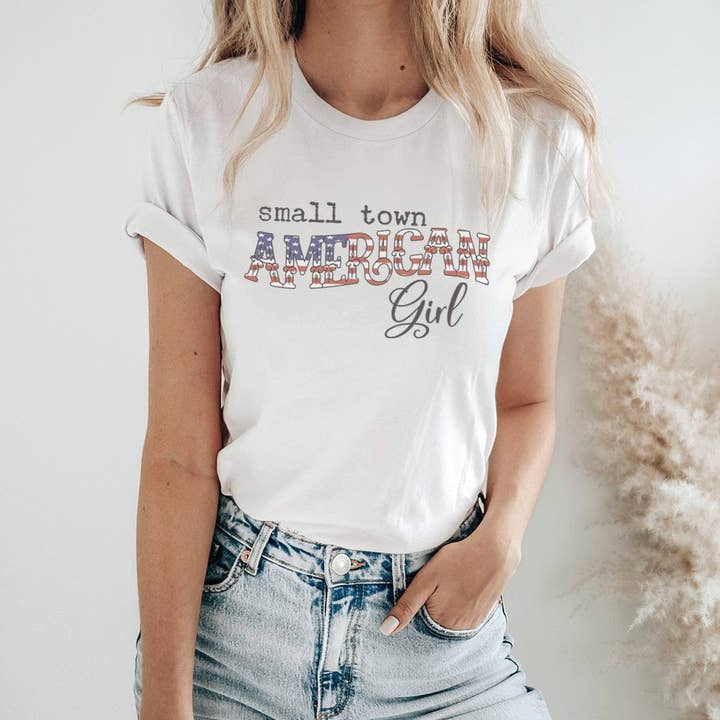 Small Town American Girl Patriotic Graphic Tee – USA Flag Print Shirt - WE150 for wholesale by Rockledge Designs