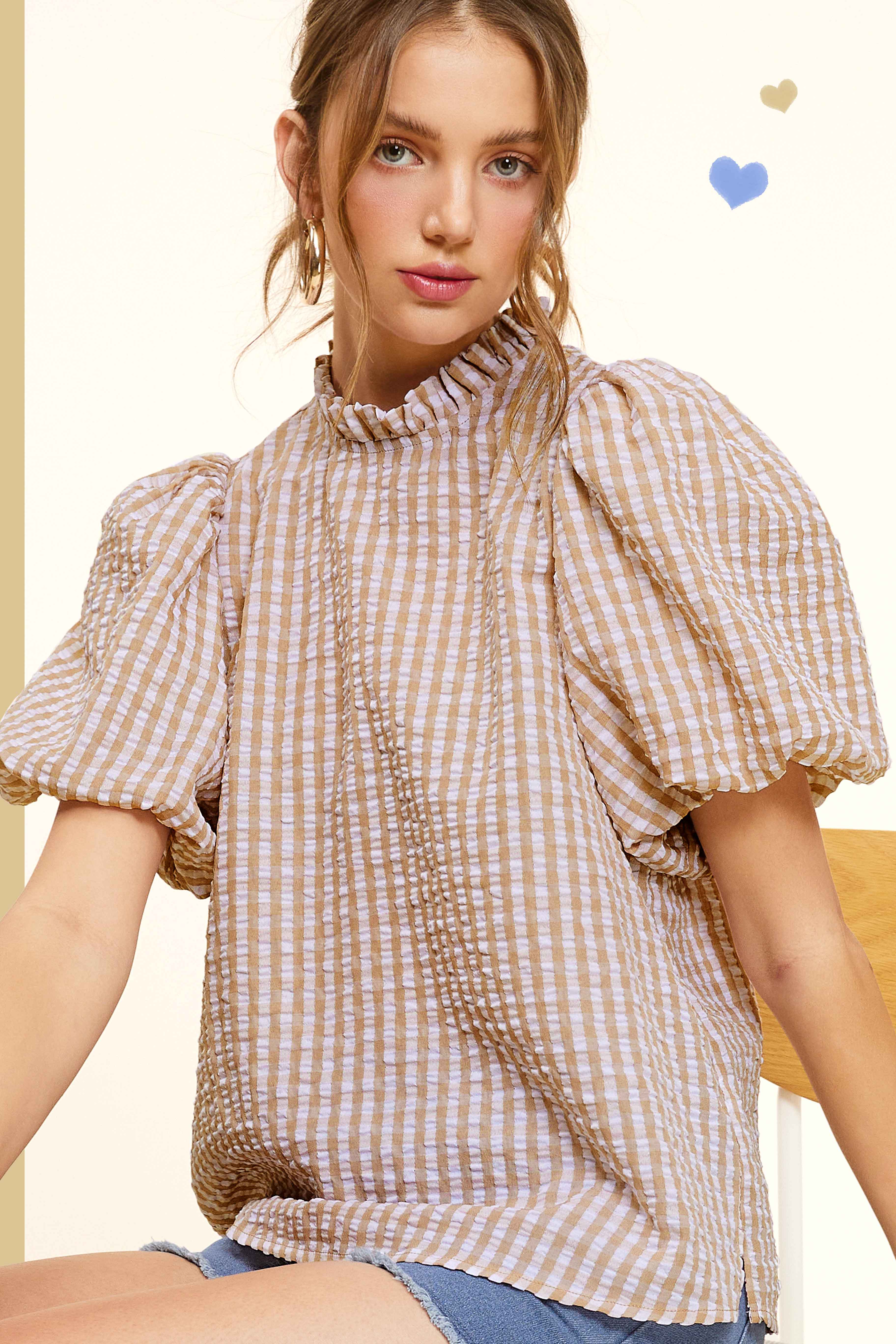 La Miel - Wholesale Blouse - Women's - HCT7697-Gingham Check Print Lovely Puff Short Sleeve Top7