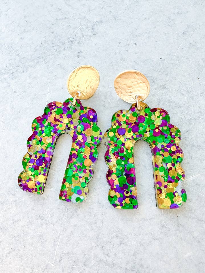 Mardi Gras Scalloped Arch Earrings for wholesale by Wondermint Goods