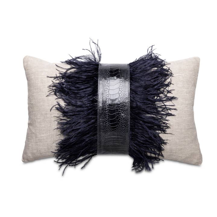 Ostrich Trim Pillow - Navy / Linen for wholesale by Ngala Trading