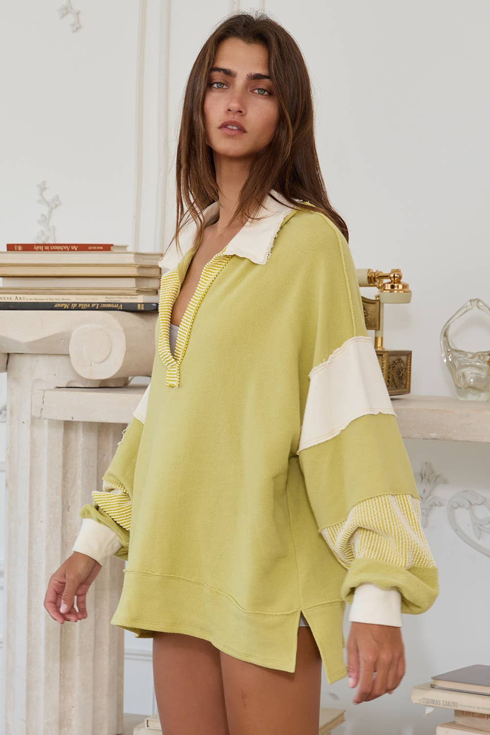 BUCKETLIST INC - Wholesale Knit Top - Women's - T2004 French Terry Knit Color-block Collared Loose Fit Top32