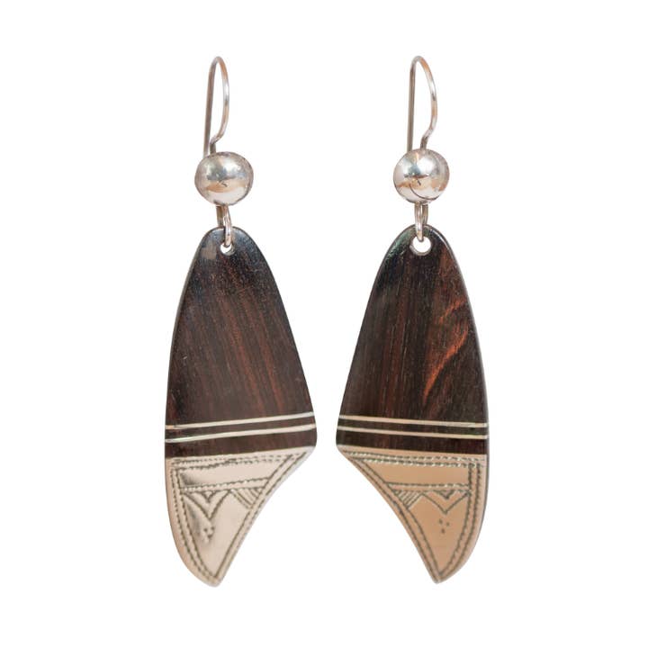 Ebony Wood and Inlaid Sterling Silver Earrings Pointed for wholesale by Mystics and Sages