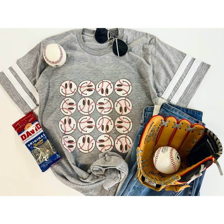 Stacked Smiley Baseball Tee for wholesale by RR Tees Wholesale