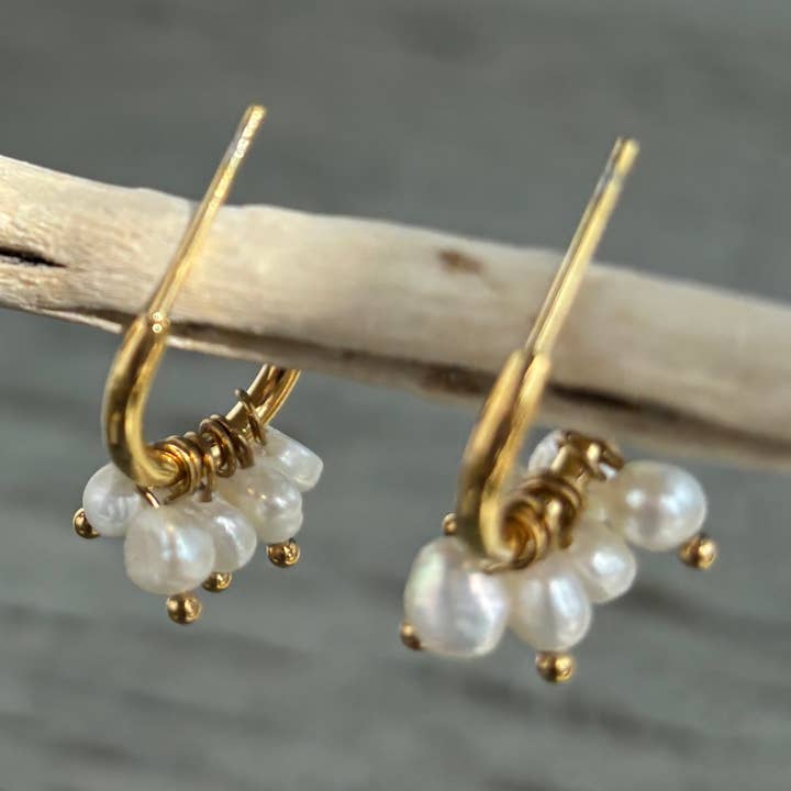 18ct Gold Plated Fresh Water Pearl Half Hoop Earrings for wholesale by Ocean Ripples
