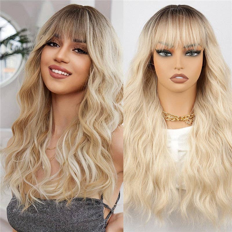   Long Wavy Ombre Brown Synthetic Hair Wig With Straight Bangs for wholesale on Faire4