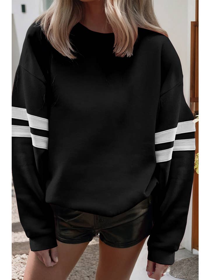 Little Daisy Closet - Wholesale Sweatshirt - Women's - LDC Varsity Striped Detail Drop Shoulder Sweatshirt1