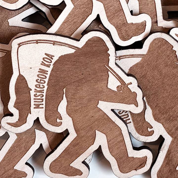 Wild Larch Creative - Wholesale Magnet - Bigfoot Fishing Wooden Magnet-Custom Personalized City/State2