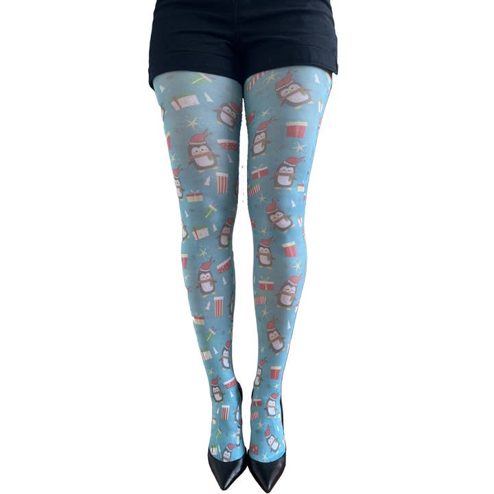Blue Christmas Penguin Patterned Tights For Women for wholesale by Malka Chic