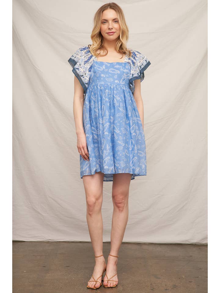 Blue Ivory Paisley Print Flutter Sleeve Mini Dress for wholesale on Faire
