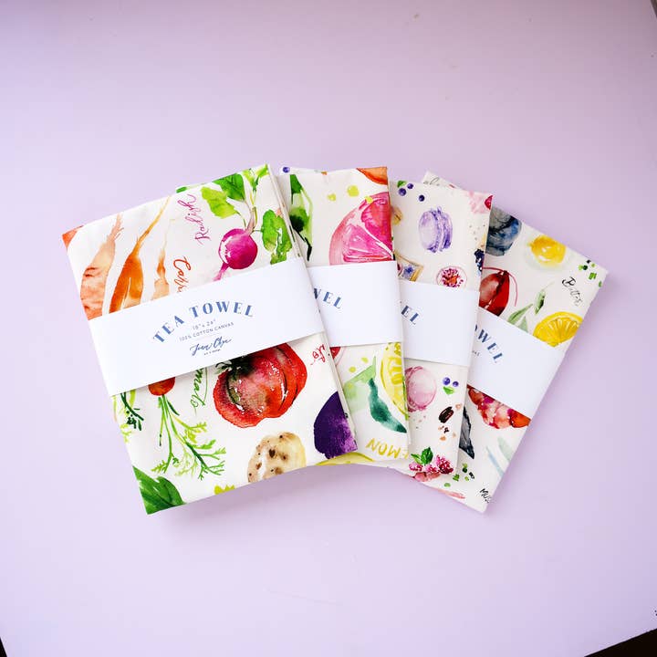 Jean Choe Art & Design - Wholesale Tea Towel - Vegetable Medley Tea Towel. Watercolor Veggie Kitchen Towel.4